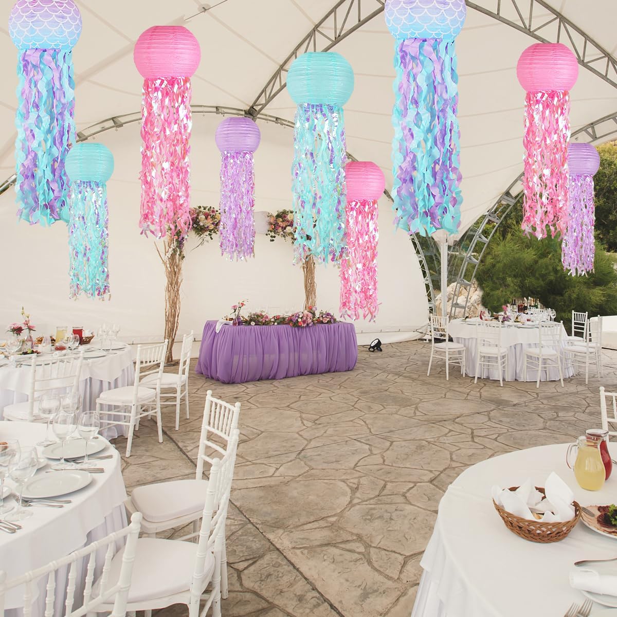 Mermaid Birthday Decorations, Jellyfish Paper Lanterns Pink Lavender Blue Mermaid Scales Hanging Lantern for Baby Shower Theme Under The Sea Ocean Birthday Party Decorations Set of 5