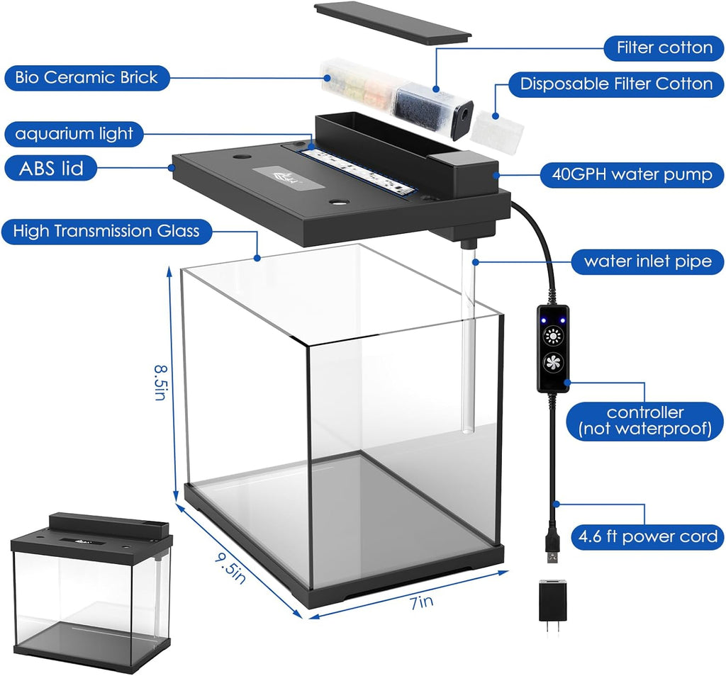 AQQA 2.4 Gallon Glass Aquarium Tank Kit with LED Lights & Quiet Filter –USB Self-Cleaning All-in-One Fish Tank, ABS Cover, 4 Light Modes, Built-in Feeding Hole – Perfect for Betta, Small Fish Black