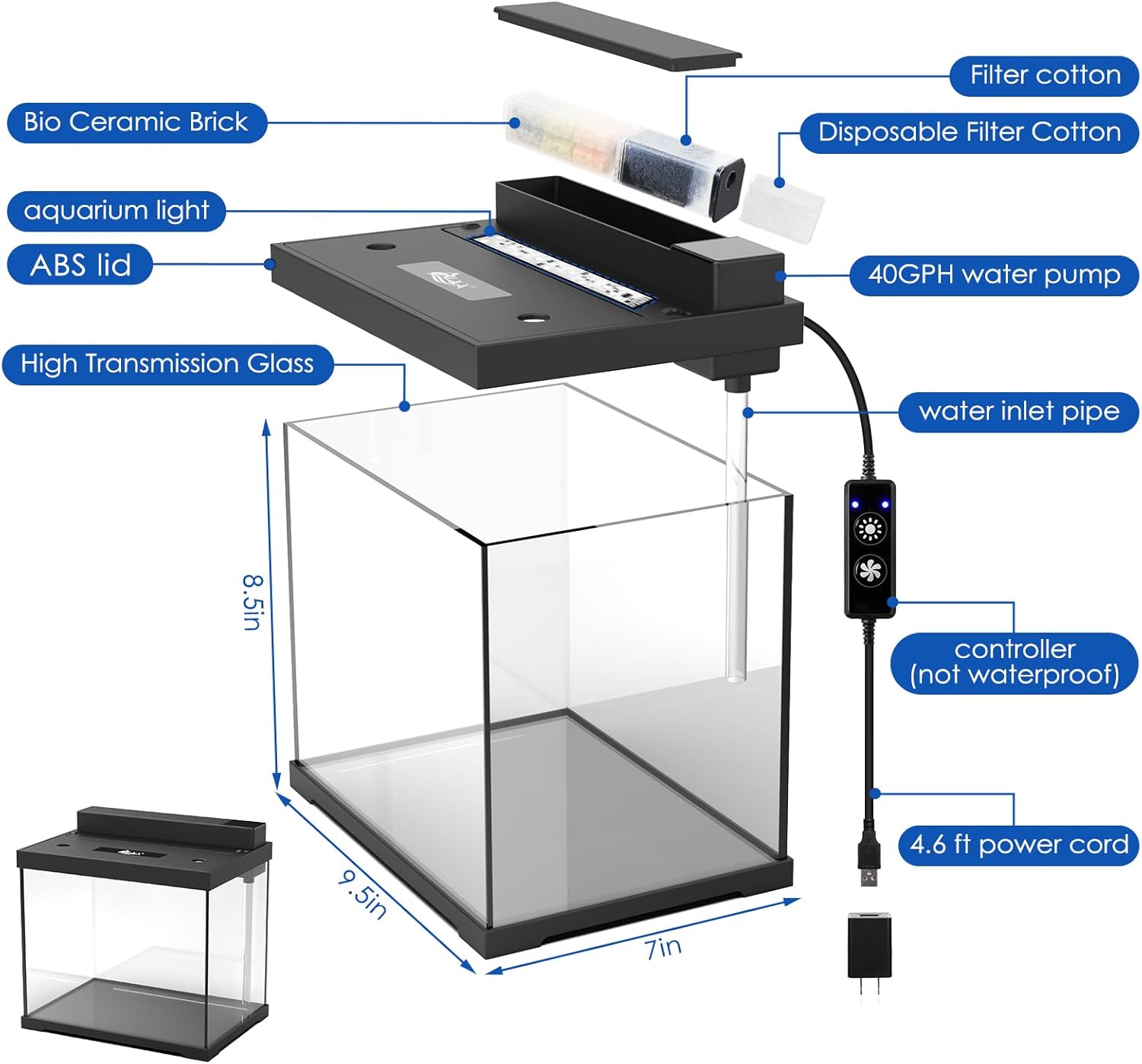 AQQA 2.4 Gallon Glass Aquarium Tank Kit with LED Lights & Quiet Filter –USB Self-Cleaning All-in-One Fish Tank, ABS Cover, 4 Light Modes, Built-in Feeding Hole – Perfect for Betta, Small Fish Black