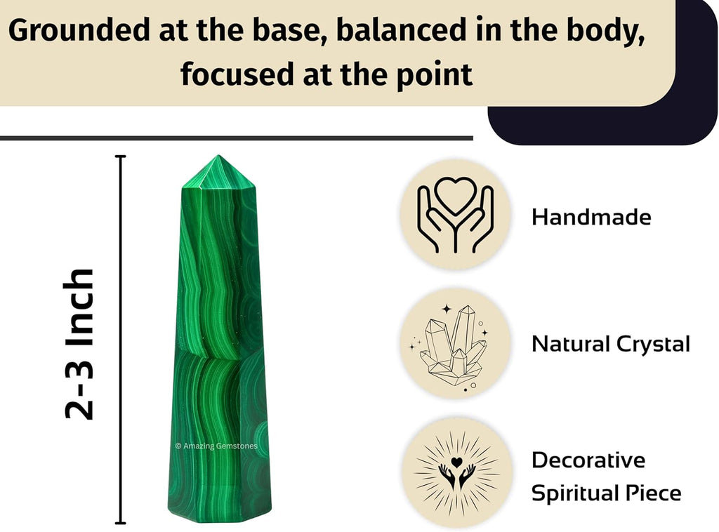 Amazing Gemstone Malachite Crystal Towers ~ Natural Healing Crystal Point Obelisk for Reiki Healing and Crystal Grid (2" to 3" INCH)