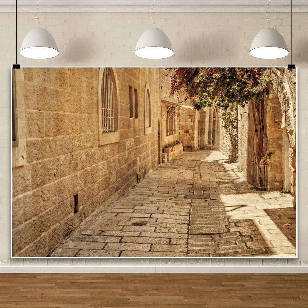 8x4ft Vinyl XMJJKUF Stone Street Backdrop Cityscape Jerusalem Old Street Path Citywalk Background for Baby Shower Children Birthday Party Decortaions Banner Portrait Photo Shoot Props