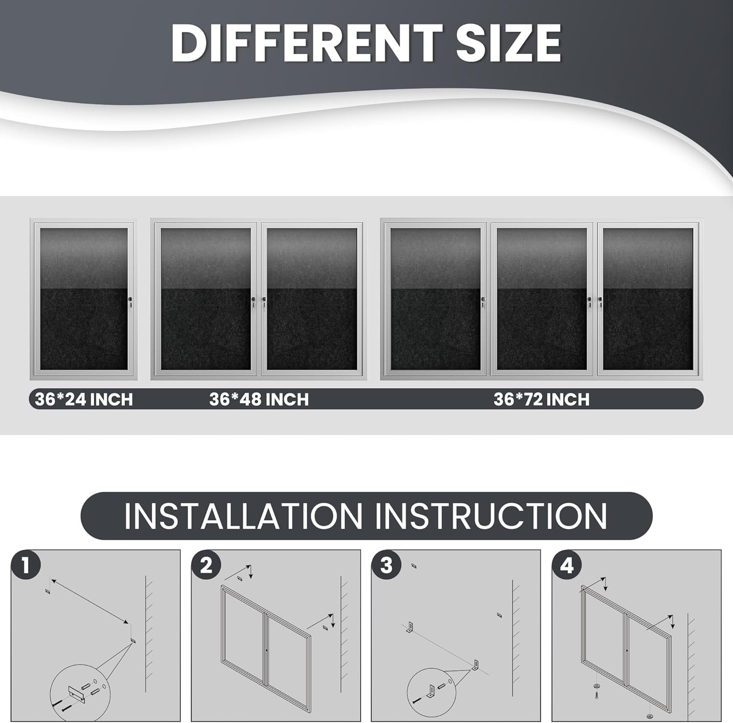 48"x36" Lockable Enclosed Bulletin Board, Outdoor Flet Weather-Resistant Aluminum Frame Notice Board, Wall Mounted Display Case Acrylic Doors for School,Office,Silver Frame w/Black Flet