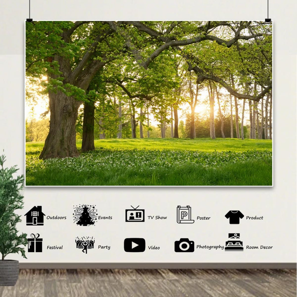 12x6ft Forests Backdrop Summer Tree Green Meadow Flower Sunrise Woods Botanical Natural Scenery Photography Background Camping Birthday Picnic Wedding Studio Photo Props Polyester