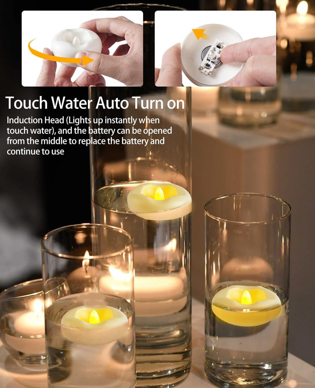 36 x 2”Floating Candle, 200 Hour Water Activated Warm White Battery Powered Flameless LED Floating Candle Floating for centerpieces/Bathtub/Fountain/Pool