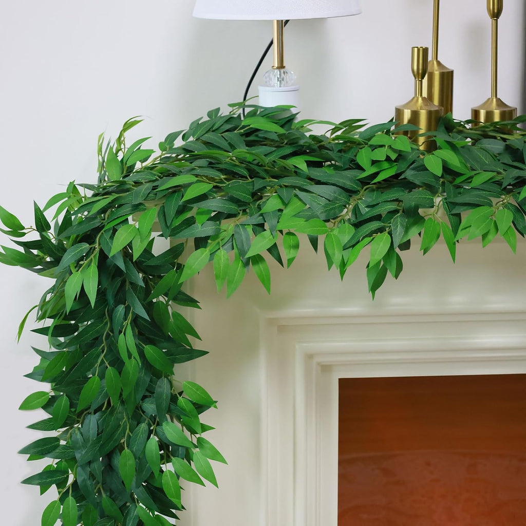 Mizii Artificial Vines Garland 10 Feet Faux Italian Ruscus Vine Greenery Garland Silk Green Leaves Decoration Fake Plants Greenery for Table Centerpieces Home Room Wall Wedding Arch Decor (10 feet)