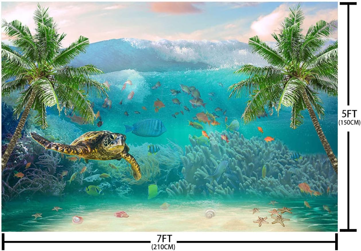 7x5ft Summer Underwater Photography Backdrop Sea Waves Under The Sea Turtle Fishes Palm Trees Corals Photo Background Beach Ocean Theme Birthday Decorations Props