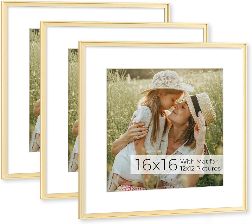 RICHFOCUS Aluminum Picture Frame - 16x16 Gold Metal Frame with Mat for 12x12 Photo, Floating Frame with Tempered Glass - Poster Frame Wall Hook Included for Gallery Wall, Set of 3