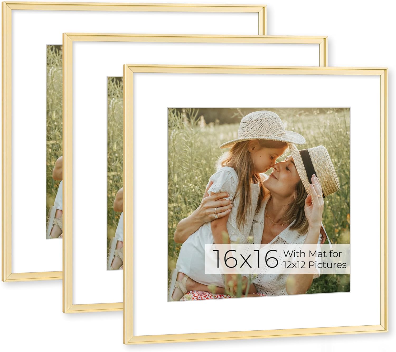 RICHFOCUS Aluminum Picture Frame - 16x16 Gold Metal Frame with Mat for 12x12 Photo, Floating Frame with Tempered Glass - Poster Frame Wall Hook Included for Gallery Wall, Set of 3