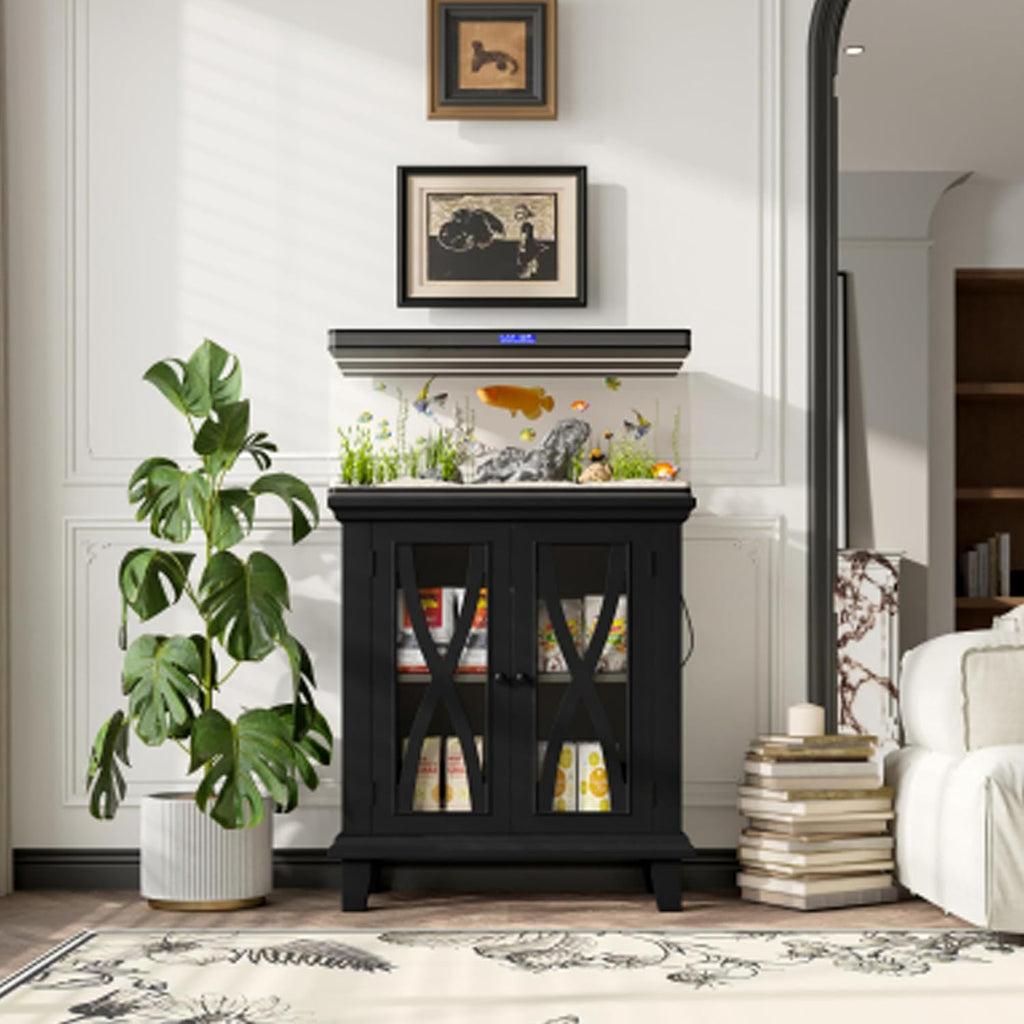 20 Gallon Aquarium Stand With Power Outlets, Farmhouse Fish Tank Stand, Reptile and Terrarium Stand with Cabinet Storage, Sturdy Heavy Duty 20.4" 12",Black
