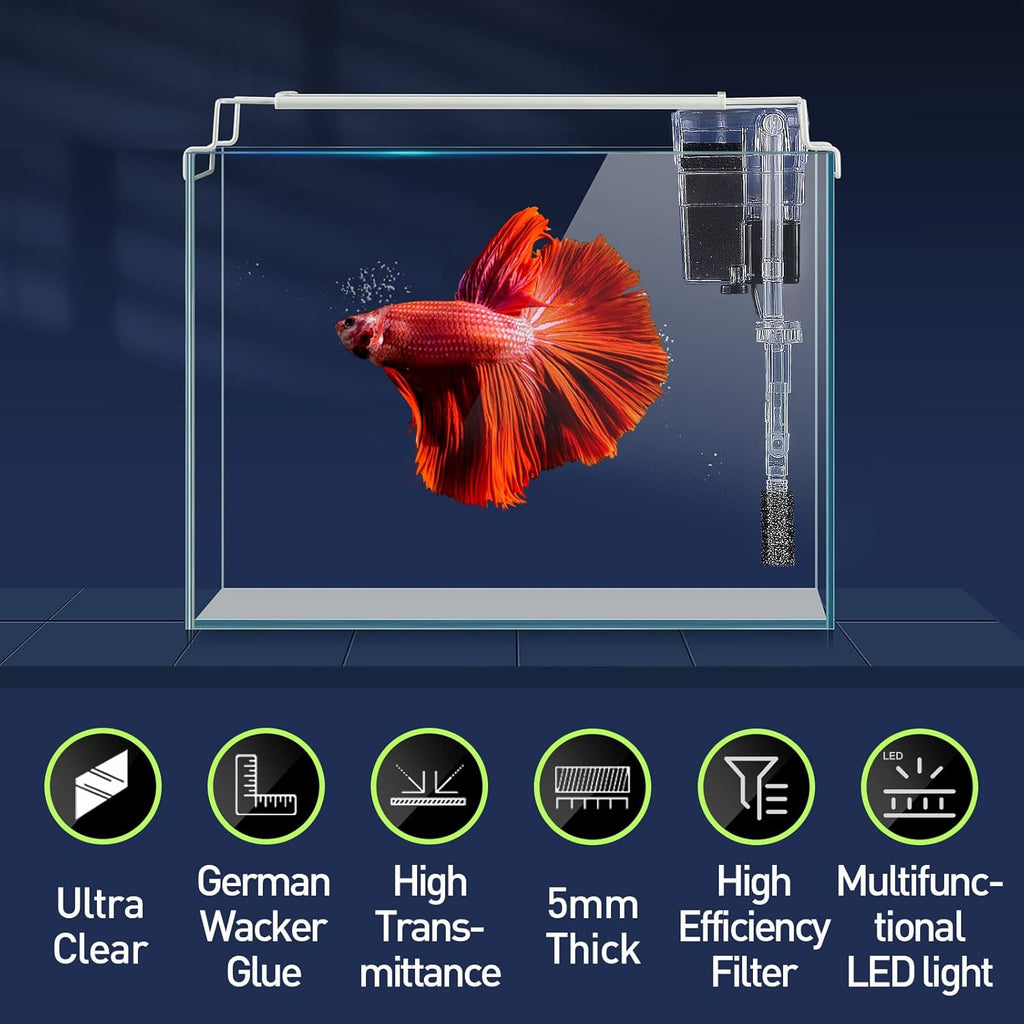 Rimless Glass Aquarium Starter Kit (3 Gal), Ultra Clear Low Iron Glass Fish Tank Set, Small Beta Fish Tank & Filter with Surface Skimmer & 3-Mode LED Light