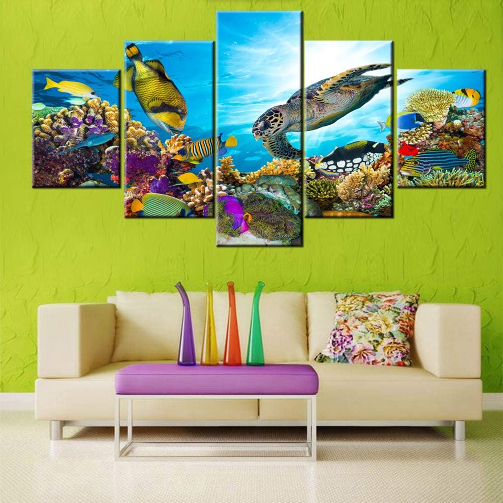 Room Wall Pictures Colorful Coral Reef Wall Art for Living Room Landscape Paintings 5 Piece Prints on Canvas Undersea Artwork Modern Home Decor Galler-Wrapped Wooden Framed Ready to Hang(60''Wx 32''H)