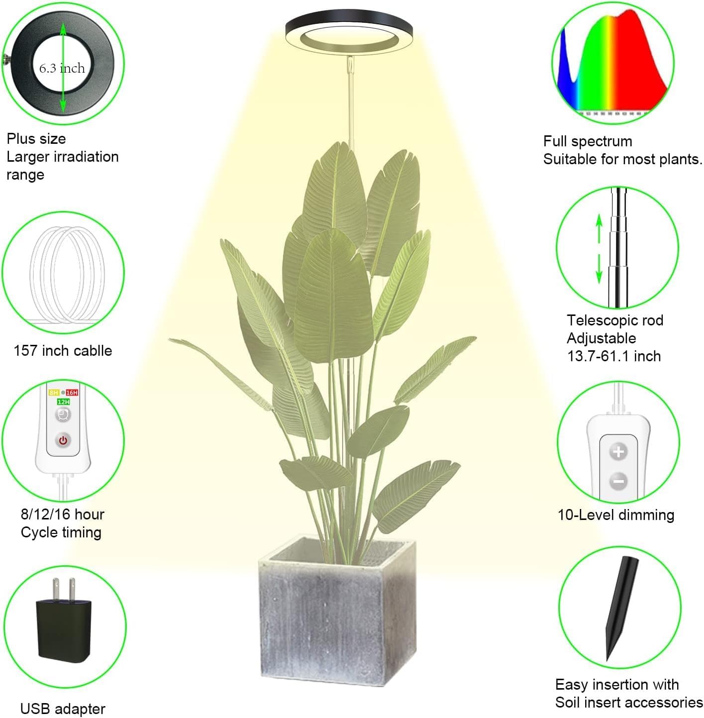 yadoker Plant Grow Light, LED Growing Light Full Spectrum for Indoor Plants, Paired with a Soil Tester,Height Adjustable, Automatic Timer, 5V Low Safe Voltage,Idea for Large Plant Light