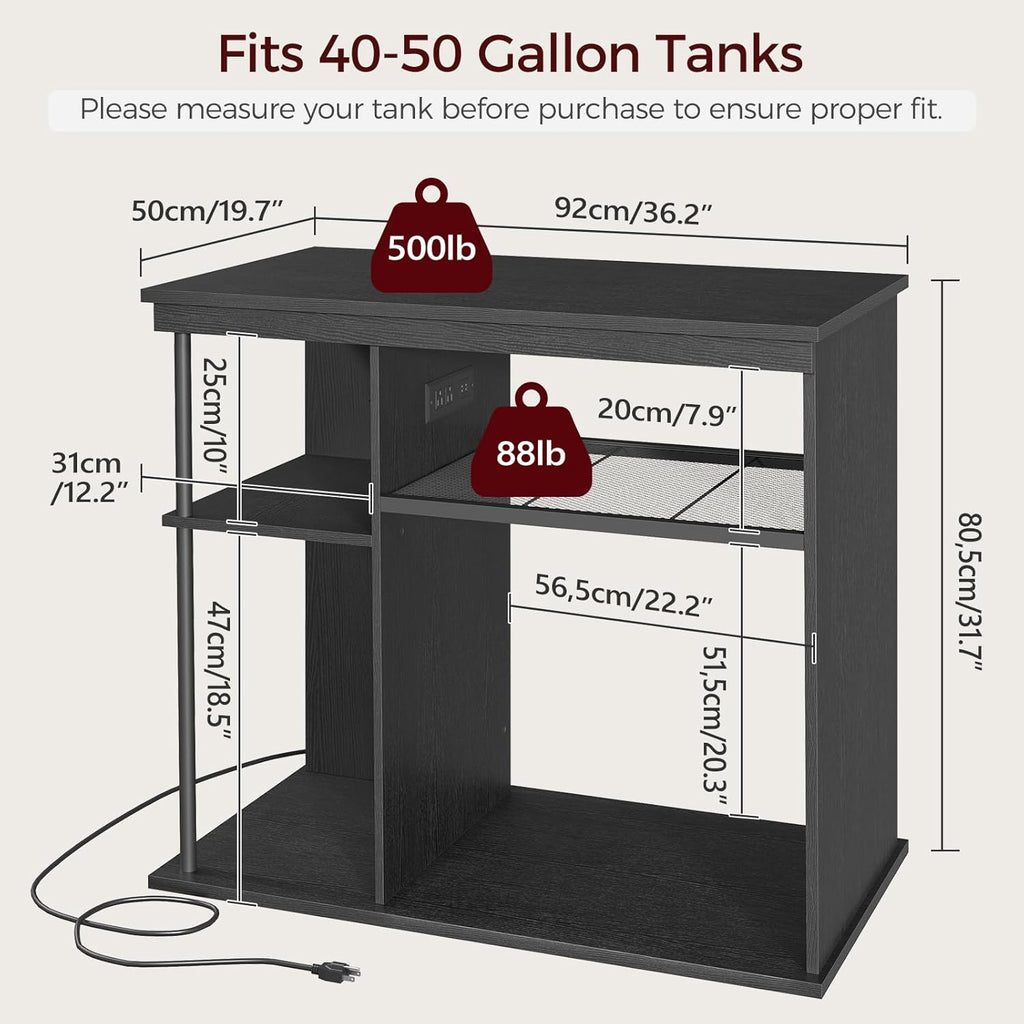 40-50 Gallon Fish Tank Stand with Power Outlet, Wooden Aquarium Stand with Filter Storage, Heavy-Duty Reptile Tank Stand with 3-Tier Storage Shelves, 36.2" L x 19.7" W x 31.7" H, Black