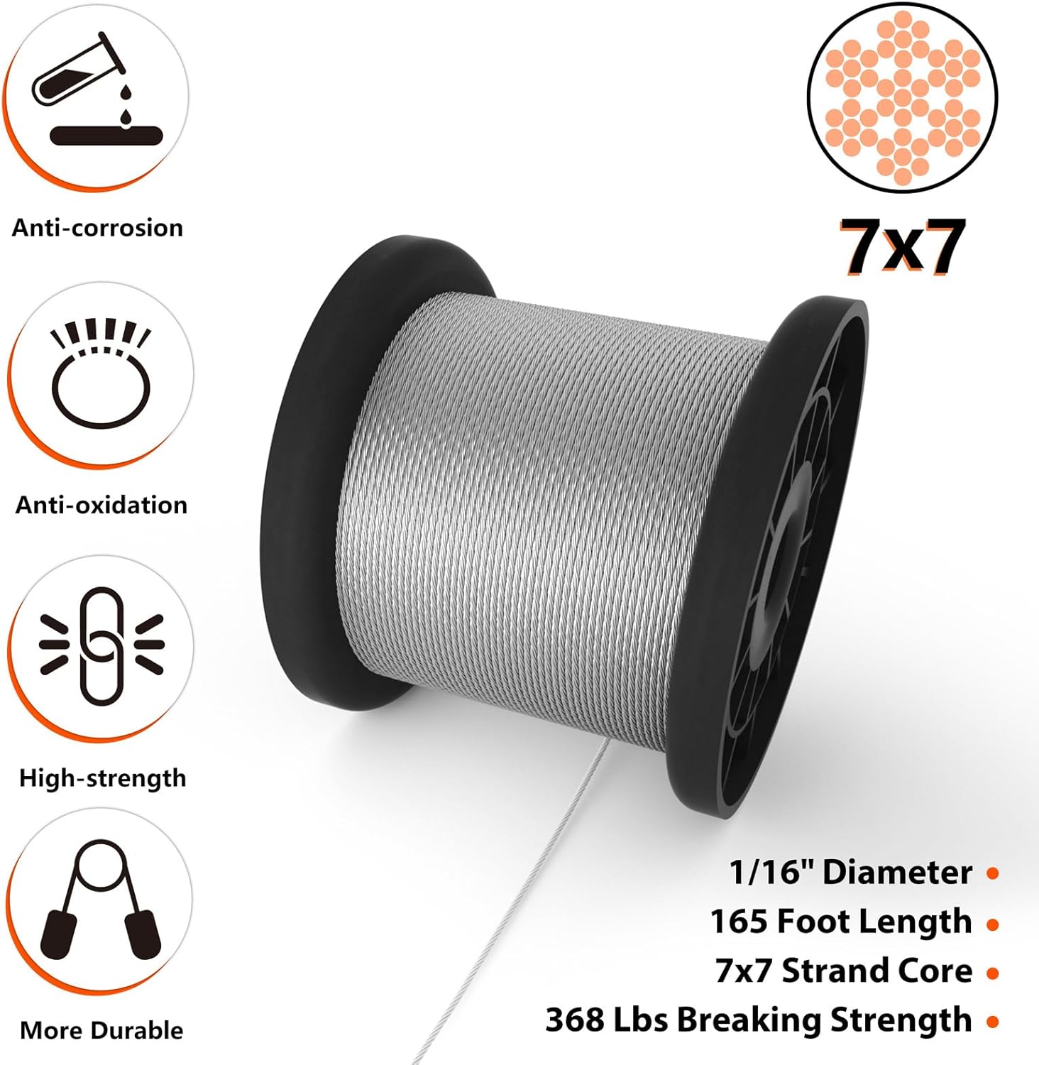Sanuke Wire Rope Crimp Kit with 165ft 1/16 304 Stainless Steel Cable 7x7 Strand Core, 100PCS 1/16'' Aluminum Crimp Loop Sleeves and 25PCS M2 Wire Rope Stainless Steel Thimble
