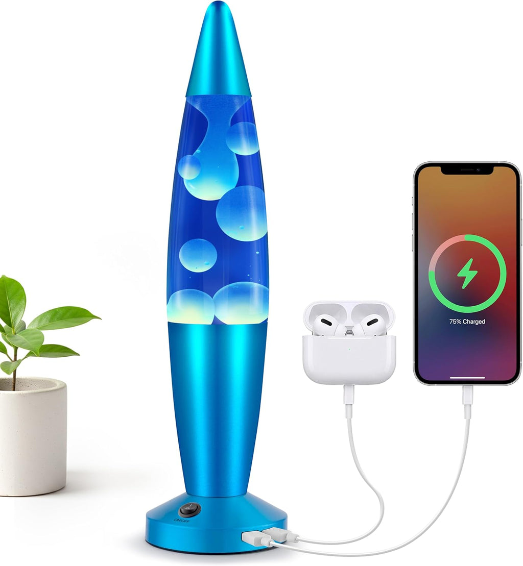JAMBO Beautiful Liquid Lamp with USB Ports,16" Motion Light with Blue Liquid White Wax, Relaxing Nightlight, Mood Light for Bedroom, Living Room, Office - Adults, Teens, Kids