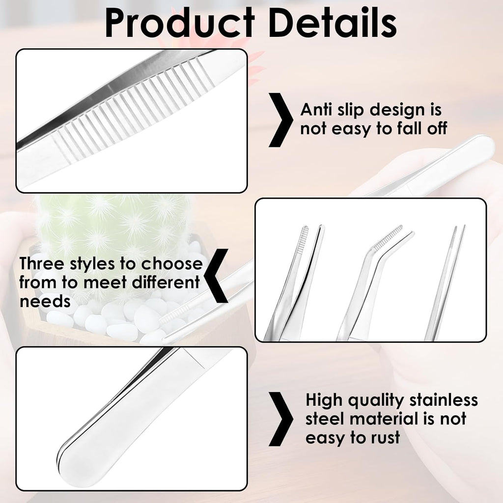 3Pcs Long Tweezers Set, Stainless Steel Plant Tweezers for Bonsai Succulent Gardening, Multipurpose Hand Tools for Kitchen Cooking Craft Reptile Feeding, Ideal for Gardeners