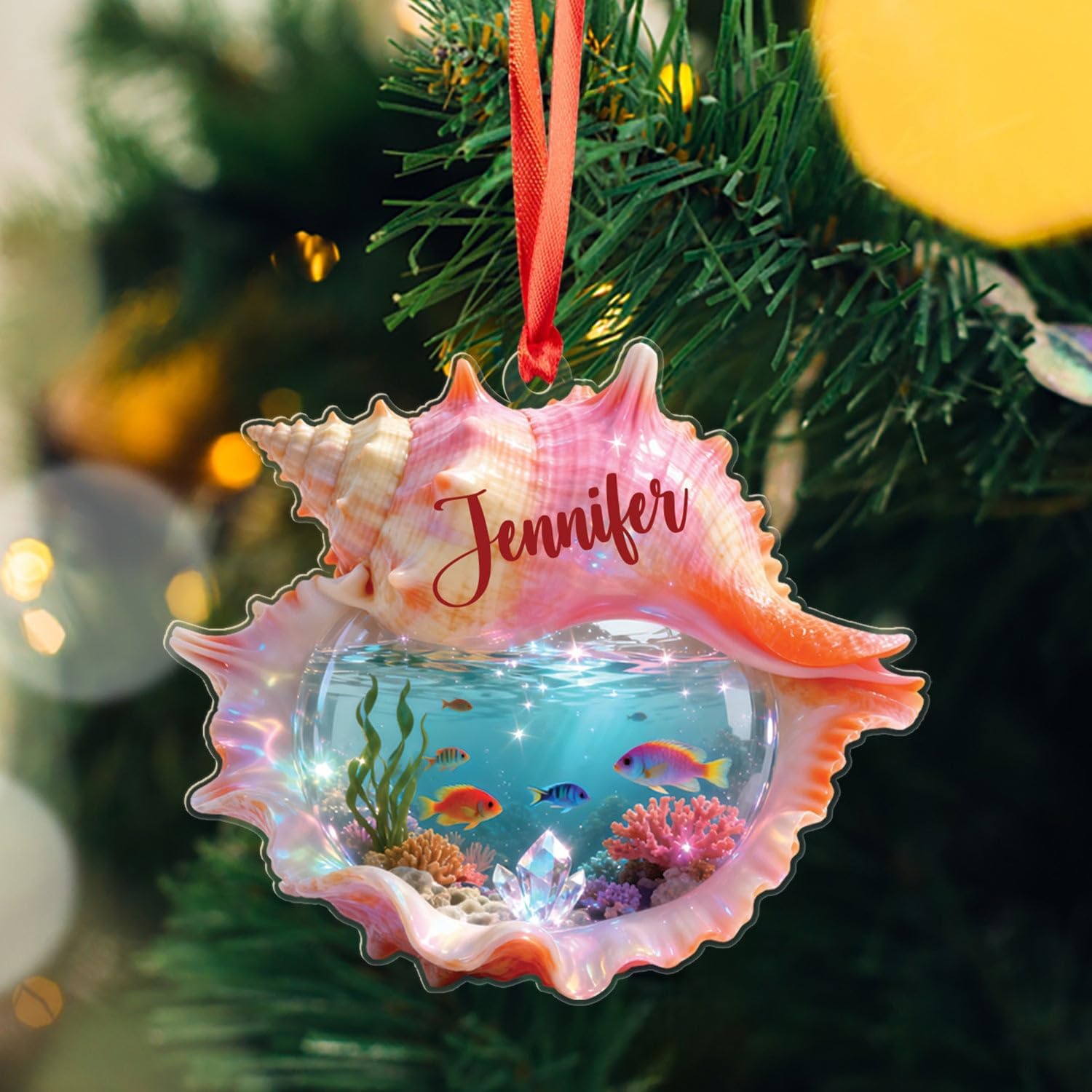Sea Shell Shaped Acrylic Ornament, Personalized Seashell Christmas Ornament, Sea Shell Animal Underwater Holiday Keepsake, Custom Name Seashell Ornaments for Xmas Tree, Gift for Sea Animal Lovers