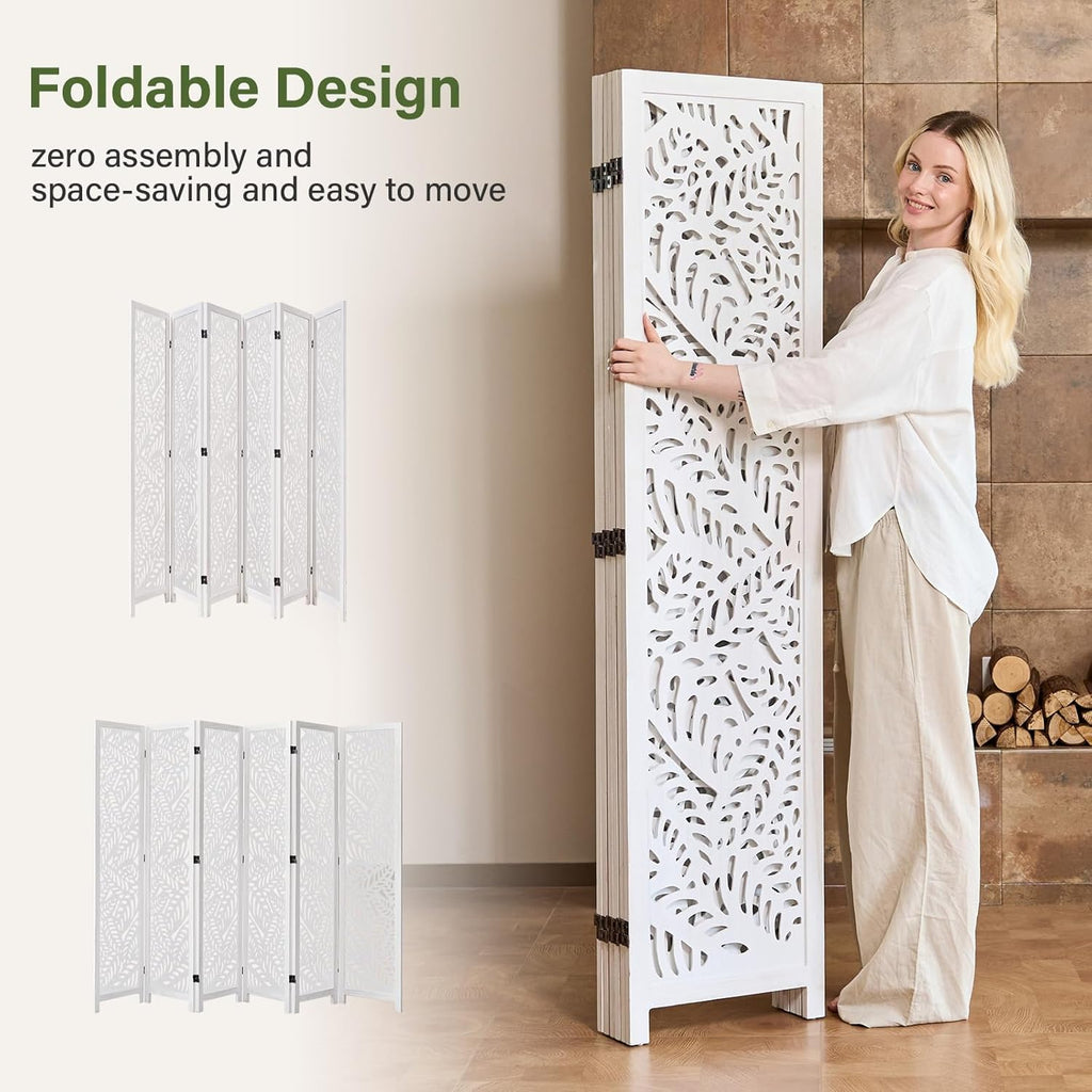 Leaf-Carved Room Divider Privacy Screen - 67 Inch Tall Foading Decorative Wood Screen Dividers Panel for Home - Natural Wood Room Partitions for Enhanced Privacy and Style White 6 Panel