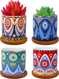 4 Pcs Colorful Mini Ceramic Cylinder Succulent Plant Pots with Bamboo Trays, Thumb Flower Pots for Small Plants and Decorative Objects - Colorful Mandala Styles