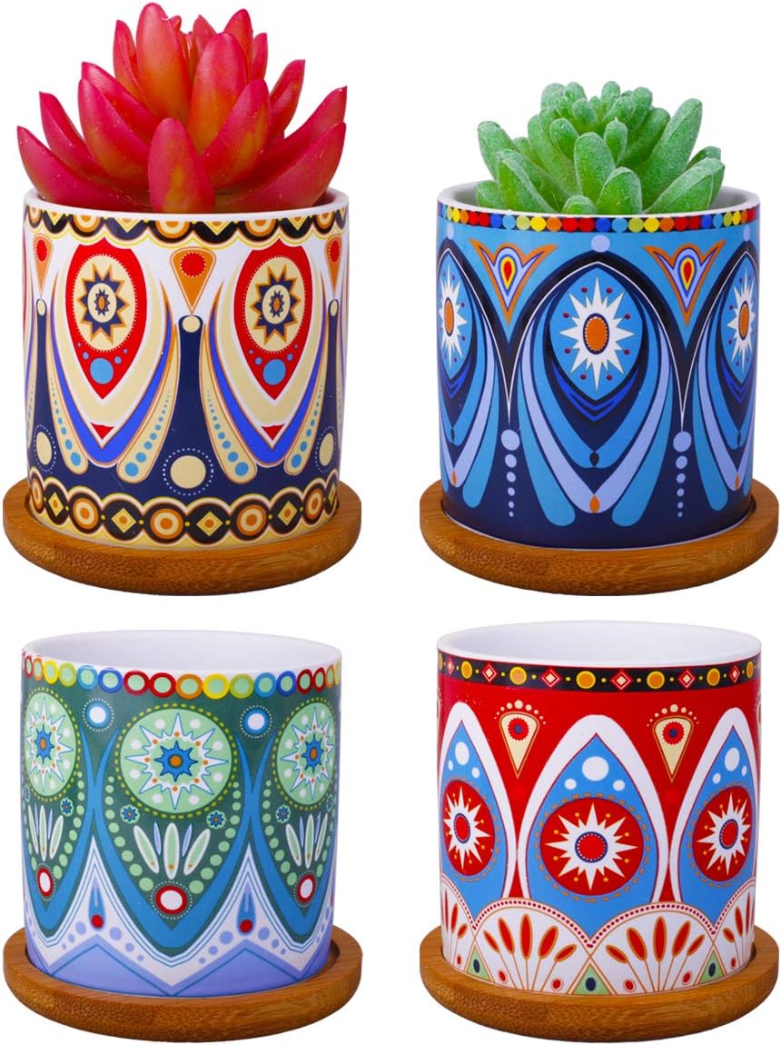 4 Pcs Colorful Mini Ceramic Cylinder Succulent Plant Pots with Bamboo Trays, Thumb Flower Pots for Small Plants and Decorative Objects - Colorful Mandala Styles