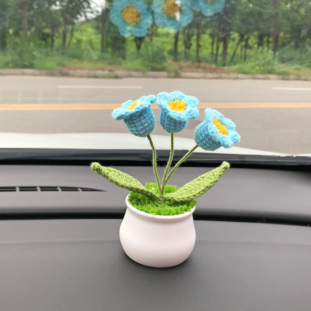 Crochet Flowers Cute Little Potted Flower, Gift for Birthday, Teacher’s Day, Graduation, Anniversary, Christmas, Decor for Car Dashboard,Home Office Decoration (Blue Lily of The Valley)