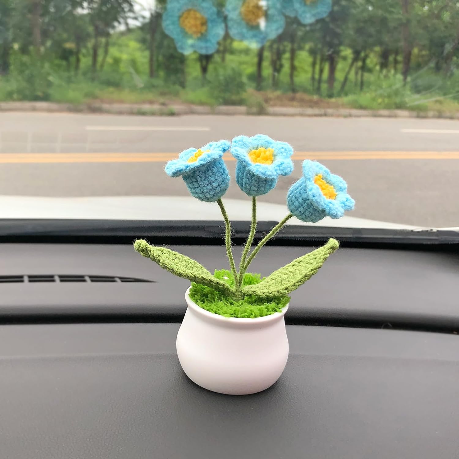 Crochet Flowers Cute Little Potted Flower, Gift for Birthday, Teacher’s Day, Graduation, Anniversary, Christmas, Decor for Car Dashboard,Home Office Decoration (Blue Lily of The Valley)