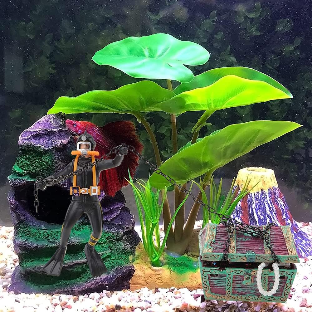 Live-Action Aquarium Ornament Undersea Treasure Chest Diver, Air Bubbler Aerating Fish Tank Decorations Black Color