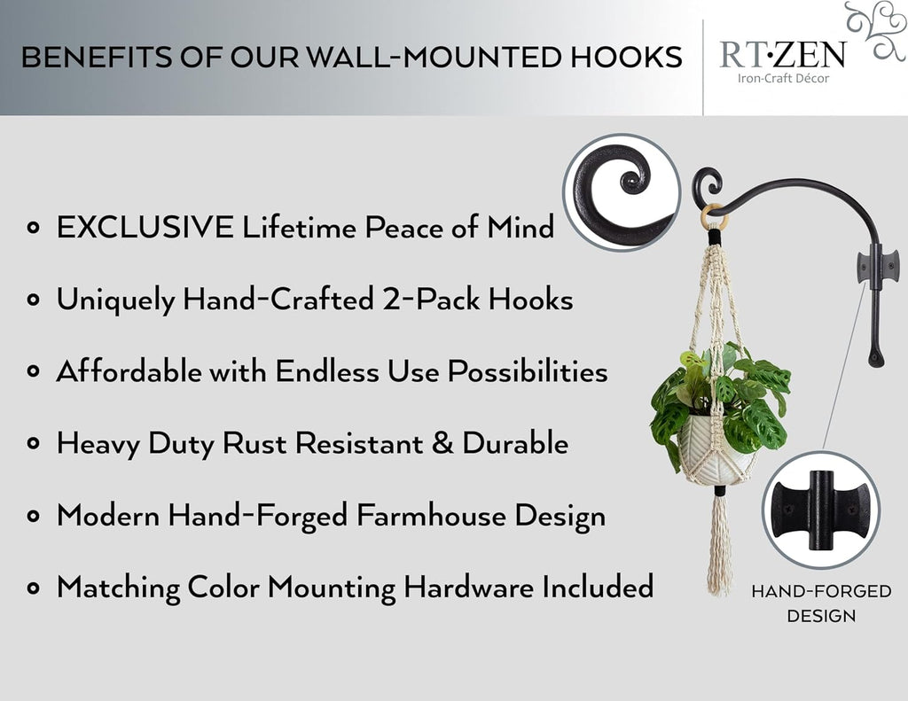 RTZEN Plant Hangers Indoor or Outdoor - Wrought Iron Metal Hanger Indoor Hook - Heavy Duty Wall Bracket Hooks for Hanging Plants Baskets Lanterns Wind Chimes - 2 Pack (Black Axe-Shape Hooks)