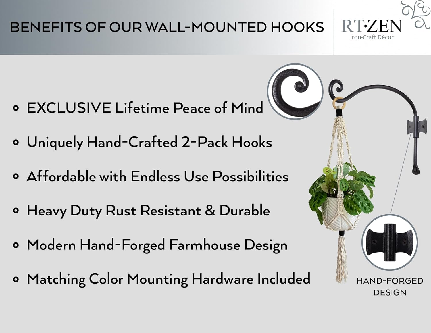 RTZEN Plant Hangers Indoor or Outdoor - Wrought Iron Metal Hanger Indoor Hook - Heavy Duty Wall Bracket Hooks for Hanging Plants Baskets Lanterns Wind Chimes - 2 Pack (Black Axe-Shape Hooks)