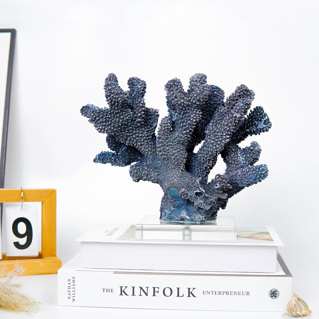 Coral Reef Beach Decor,9'' Width x 8'' High Artificial Resin Coral Reef Statue Decoration for Ocean Coastal Beach Nautical Themed Room Bathroom Decor for Home,RB1004B,Blue