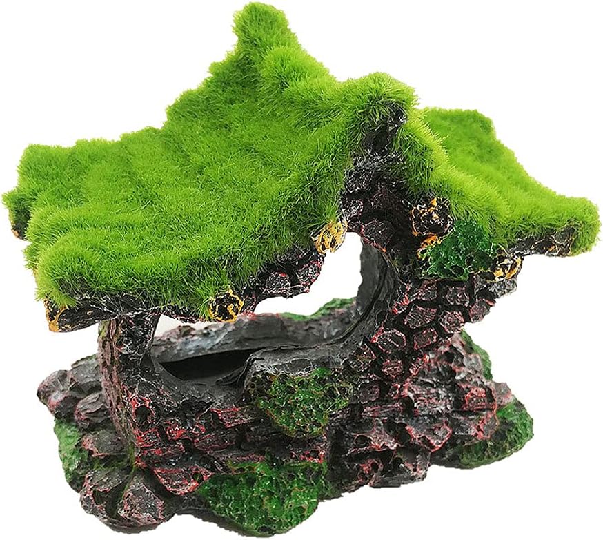 IBWell Aquarium Decoration House Resin Hollow Hideout House, Fish Tank Accessories Cave Ornament Tank Small Fish Hideaway with Moss