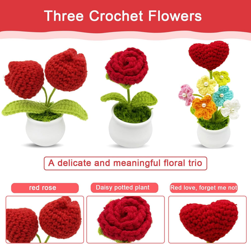 3pcs Crochet Flowers Cute Potted Flower,Mini Flower Bouquet for Mom Wife, Cute Desk Decor for Women,Artificial Handmade Flowers for Car Dashboard,Home Office Decoration (Color#7)