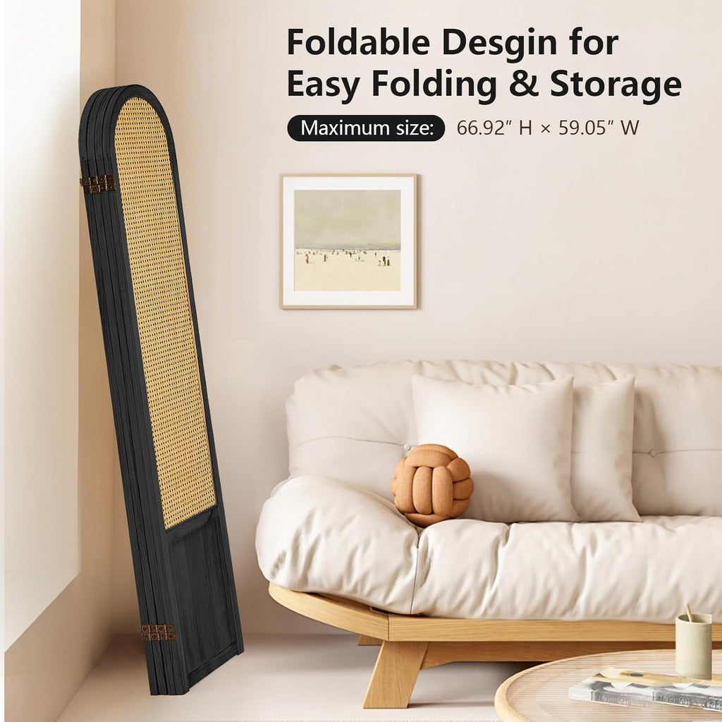 Room Divider 4 Panels, Folding Privacy Screen, Foldable Wood Rattan Room Divider Panel, Portable Partition Screen, Wall Divider for Room Separation Bedroom Home Office Garden Terrace (Black)