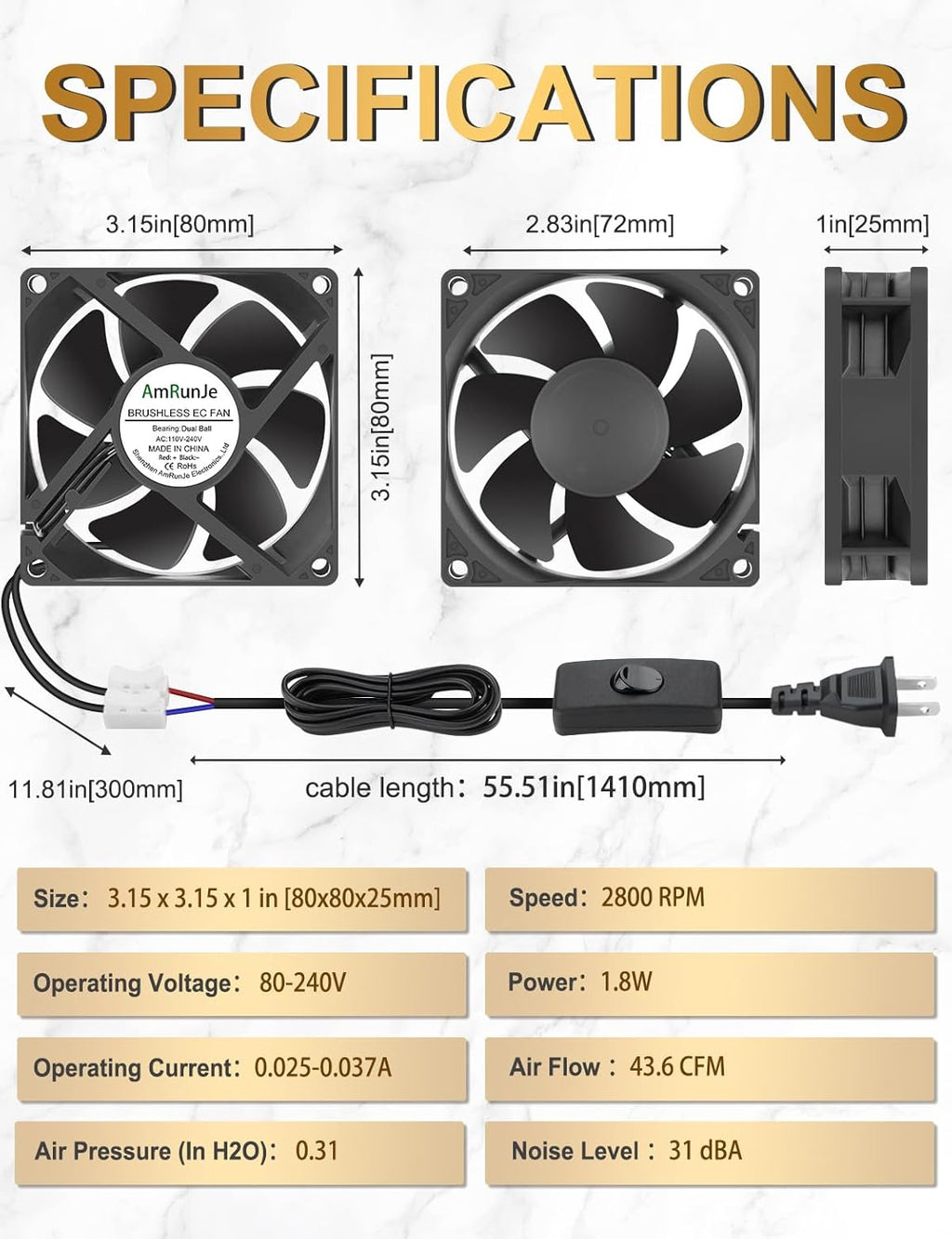 EC Axial Cooling Fan 80mm x 25mm AC 110V 120V 220V 240V Ball Bearing Low Watt for PC Case, Projector, Cabinet, RV Refrigerator Ventilation Cooling