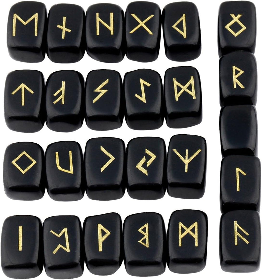 rockcloud Black Obsidian Rune Stones Tumbled Engraved Lettering Crystal Set for Wicca Crystals Healing Chakra Reiki