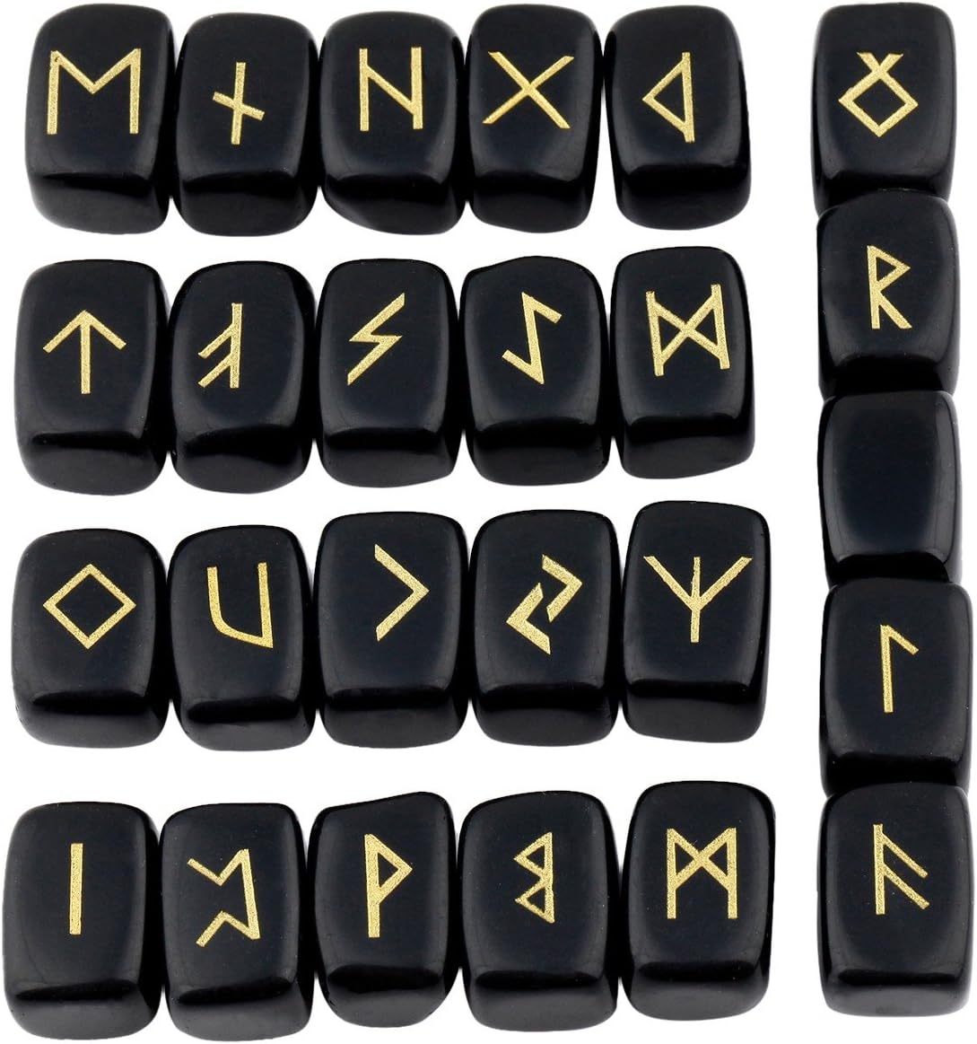 rockcloud Black Obsidian Rune Stones Tumbled Engraved Lettering Crystal Set for Wicca Crystals Healing Chakra Reiki