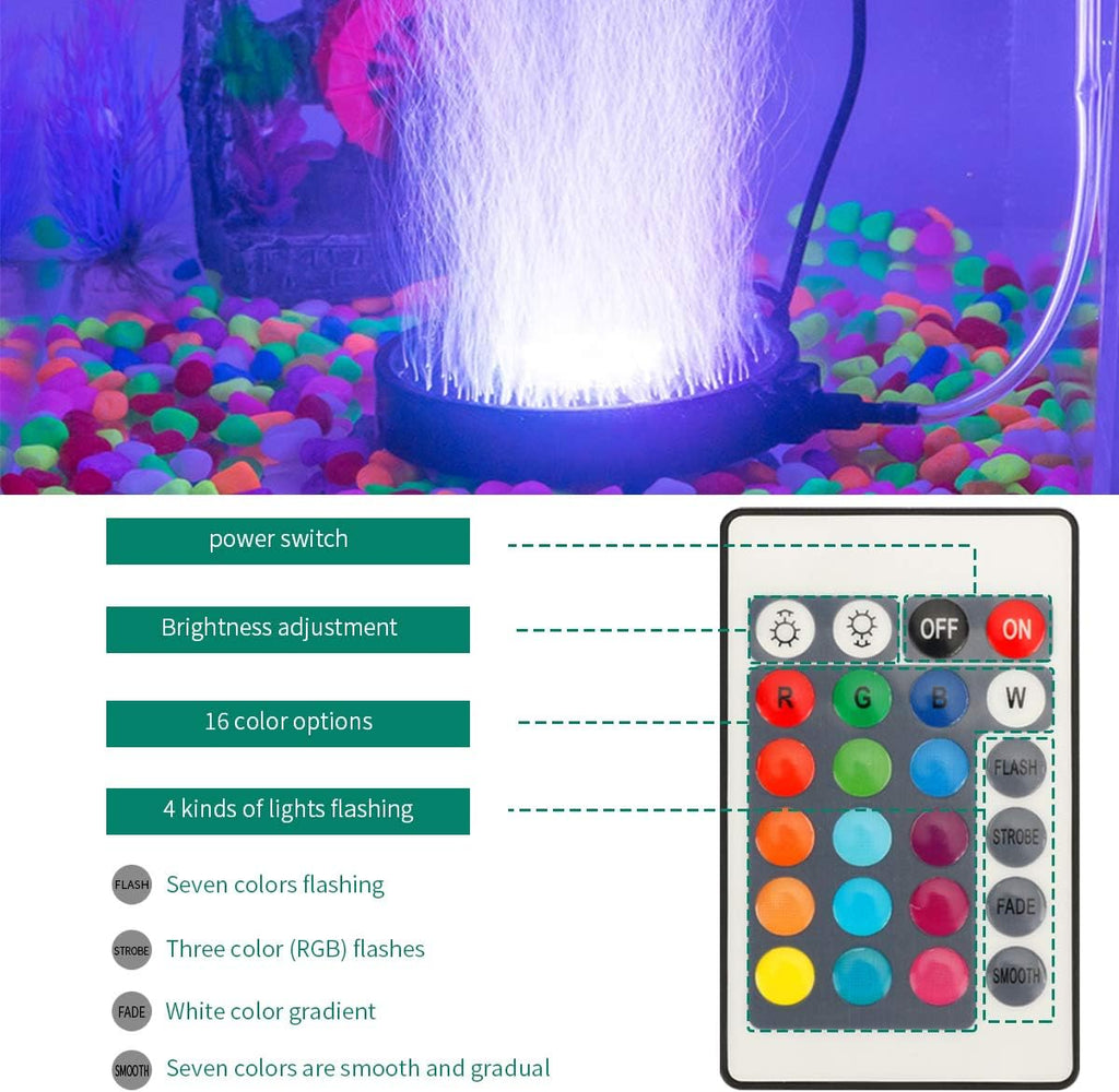 Aquarium Bubble Light LED Fish Tank Bubbler Light, Remote Controlled Aquariums Air Stone Disk Lamp with 16 Color Changing, 4 Lighting Effects for Tanks and Ponds