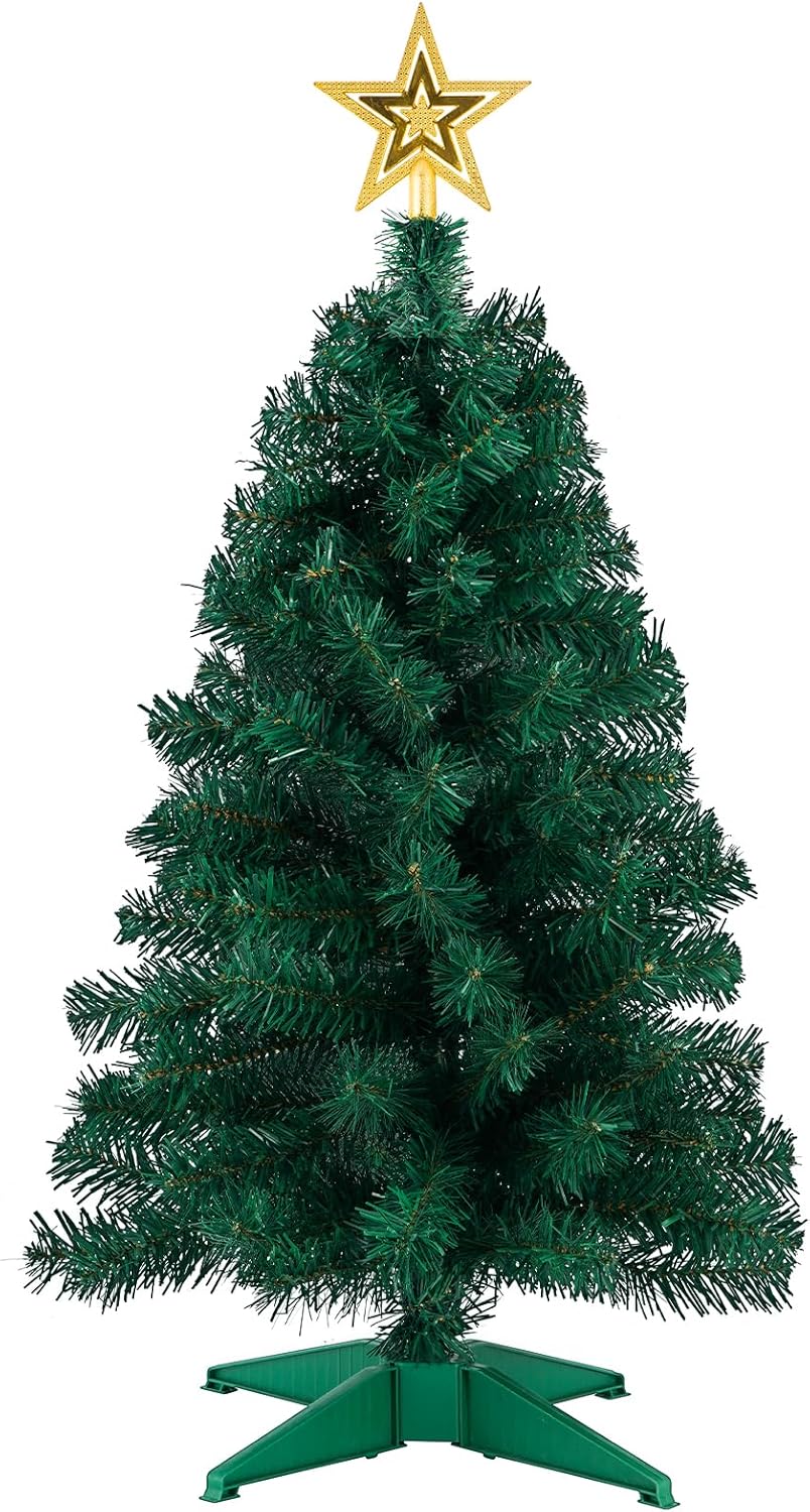 3ft Artificial Christmas Tree with Gold Tree Topper Star, Mini Xmas Pine Tree with 4-Leg Stable Plastic Base, Small Tabletop Christmas Decoration for Home Office Holiday Party Indoor Use