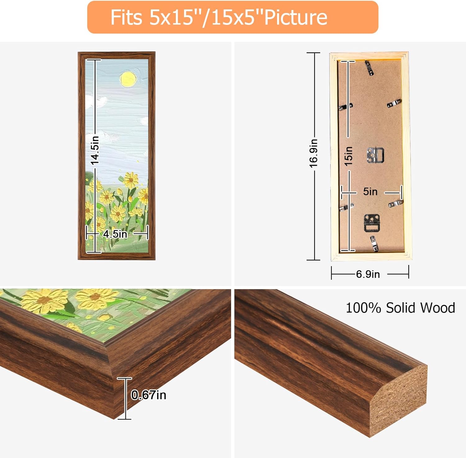 5x15 Wood Frame Brown, Rustic Natural Wooden 15x5in Poster Picture Frame, Distressed 5 x 15inch Woodgrain Gallery Photo Frame with HD Plexiglass, Horizontal Vertical Wall Mounting Display 1pcs