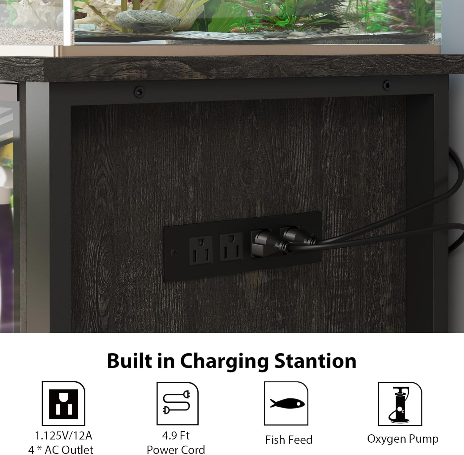 Rresyet 40-50 Gallon Aquarium Stand with Heavy Duty Metal Frame, Fish Tank Stand with Power Outlets, Two Glasses Door Storage Cabinet, Suitable for Turtle Tank, Reptile Tank, Black