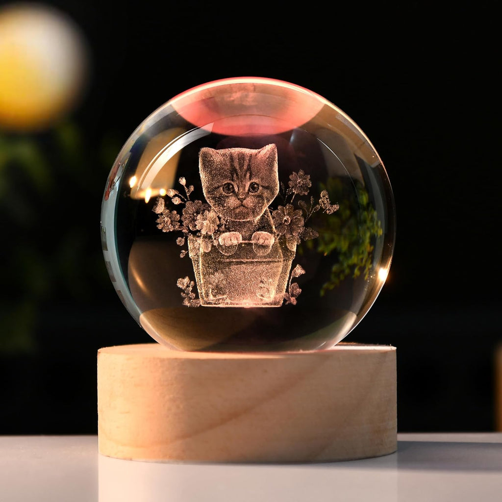 IFOLAINA 3D Flower Pot Cat Crystal Ball Cat Lover Gifts for Women Girl Birthday Christmas Cute Crystal Pet Sphere Decor