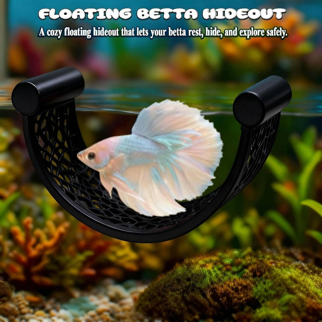 Black Floating Betta Fish Hammock – Minimalist Rest Platform & Floating Bed – Betta Tank Accessories for Small Aquariums, Nano Tanks, Shrimp & Corydoras – Sleek Matte Black Perch Ledge
