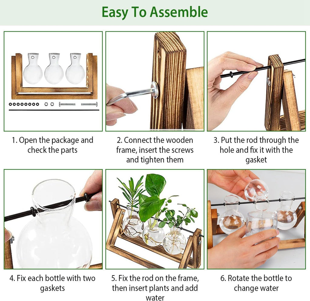 Plant Propagation Station, Plant Terrarium with Wooden Stand, Tabletop Glass Planter Desktop Plant Propagation Vase with Metal Swivel Holder for Hydroponics Plants - 3 Bulb Vases