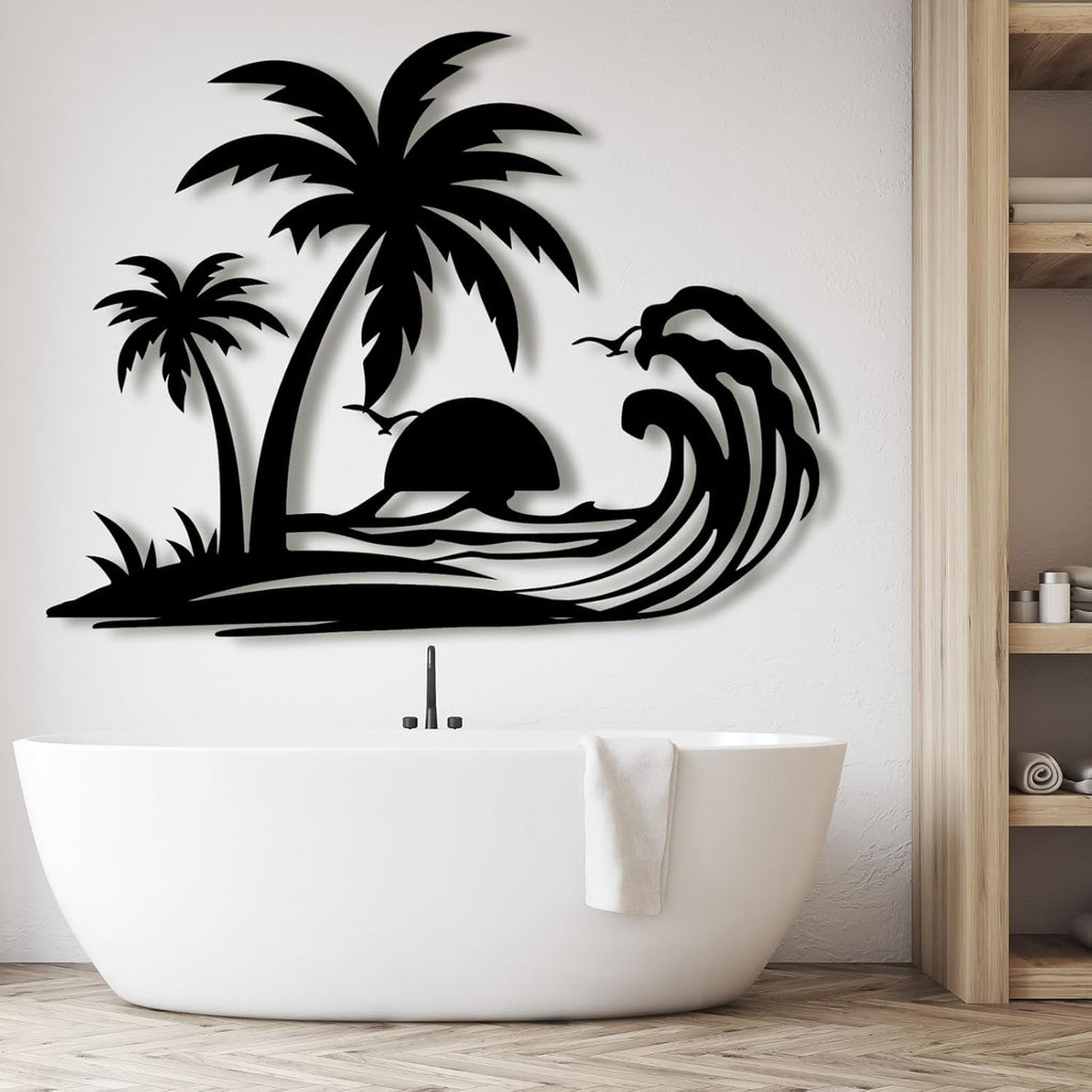 Lunwall Palm Tree Metal Wall Art, Tropical Beach Style, 19 L" x 14 W" / 47 x 37 cm, Black