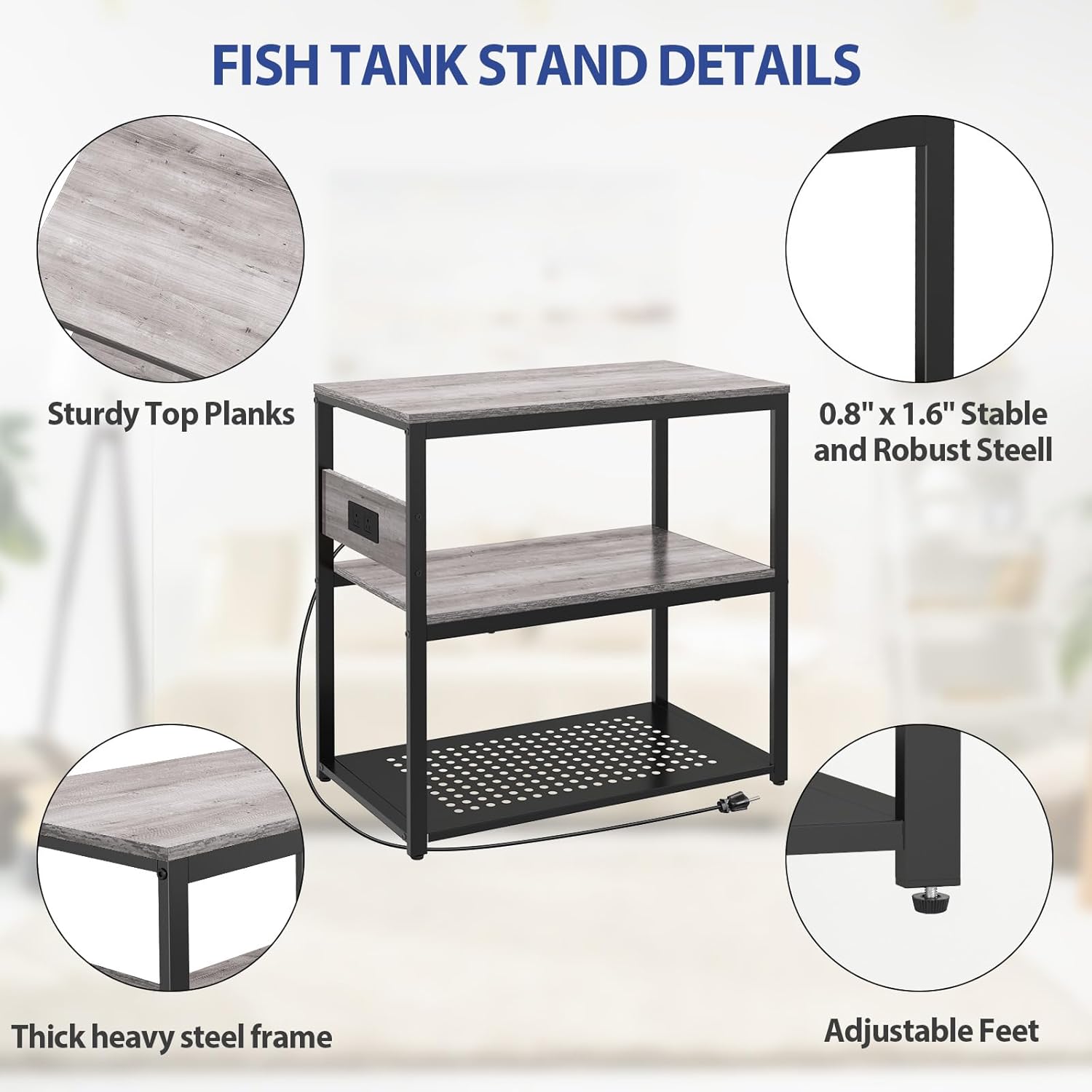 Livofloral 20-29 Gallon Fish Tank Stand With Power Outlets, 3-Tier Metal Aquarium Stands, Breeder Reptile Tank Stand with Shelf for Home Office, 660LBS Capacity, 29.5 x 15.8 x 30.1 inches, Grey