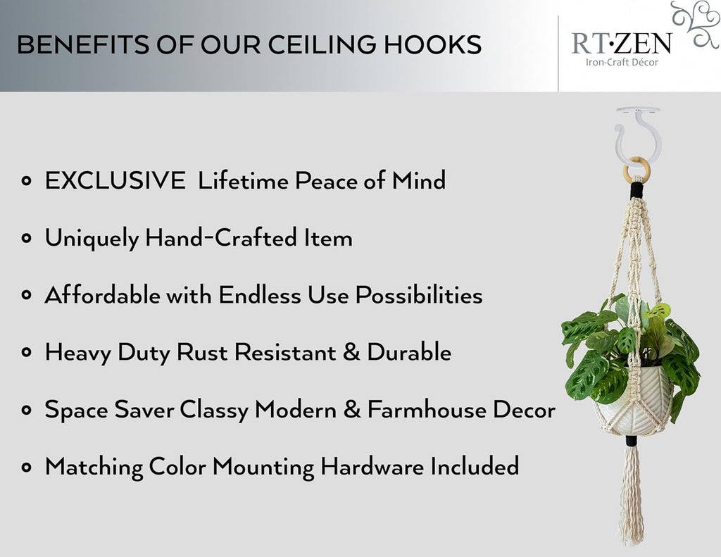 RTZEN Plant Hangers Indoor or Outdoor - Wrought Iron Metal Hanger Indoor Hook - Heavy Duty Wall Bracket Hooks for Hanging Plants Baskets Lanterns Wind Chimes - 2 Pack (Large White Ceiling Hooks)