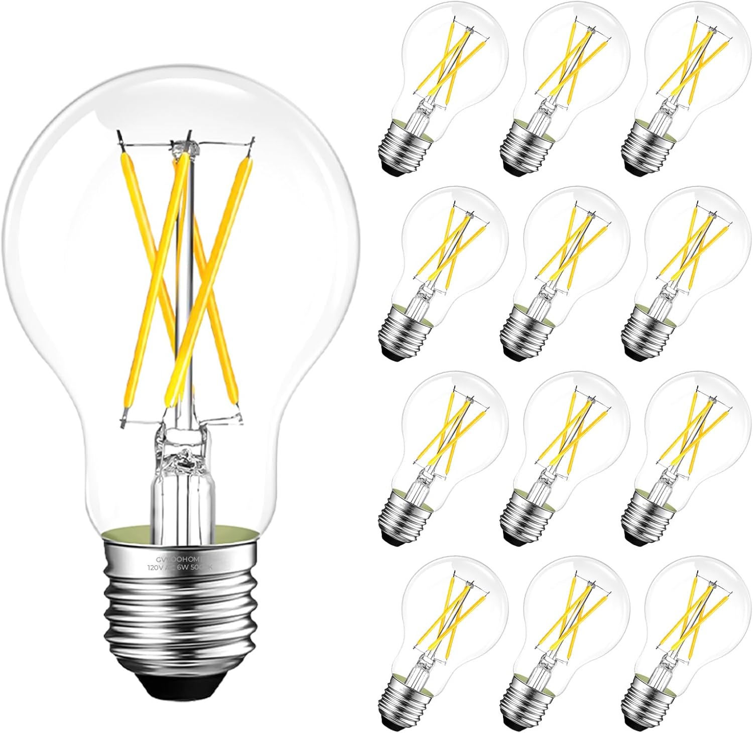 A19 Clear Glass LED Edison Bulb Dimmable, 5000K Daylight, Vintage E26 LED Bulb 6W, 60 watt Equivalent, A19 Light Bulb for Ceiling Fan, 90+CRI, 600LM, 12 Pack