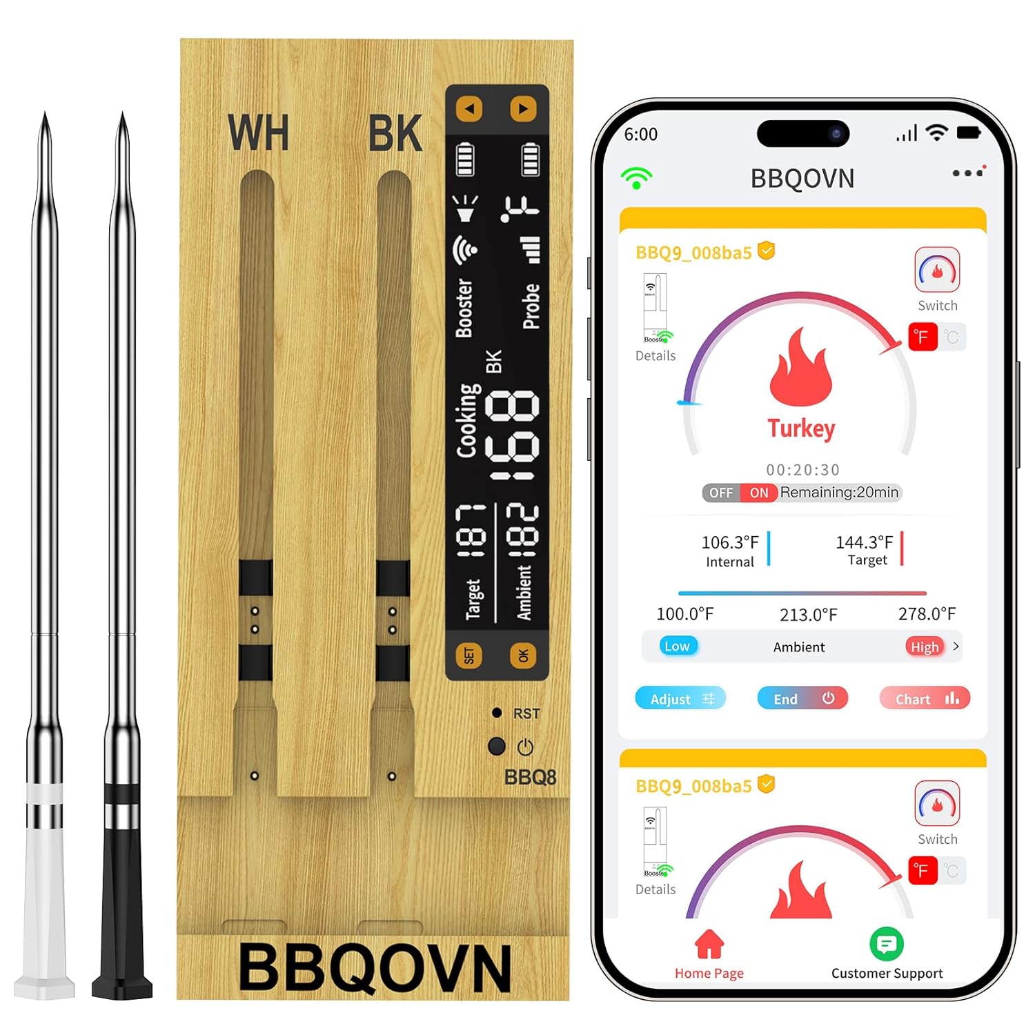 WiFi Sub-1G Wireless Meat Thermometer Unlimited Range 7 NIST Certified Sensors with Ambient Temp 2 Temp Monitoring Ways Digital Smart Base and App for BBQ, Smoker, Grill, Oven (2, black, small)