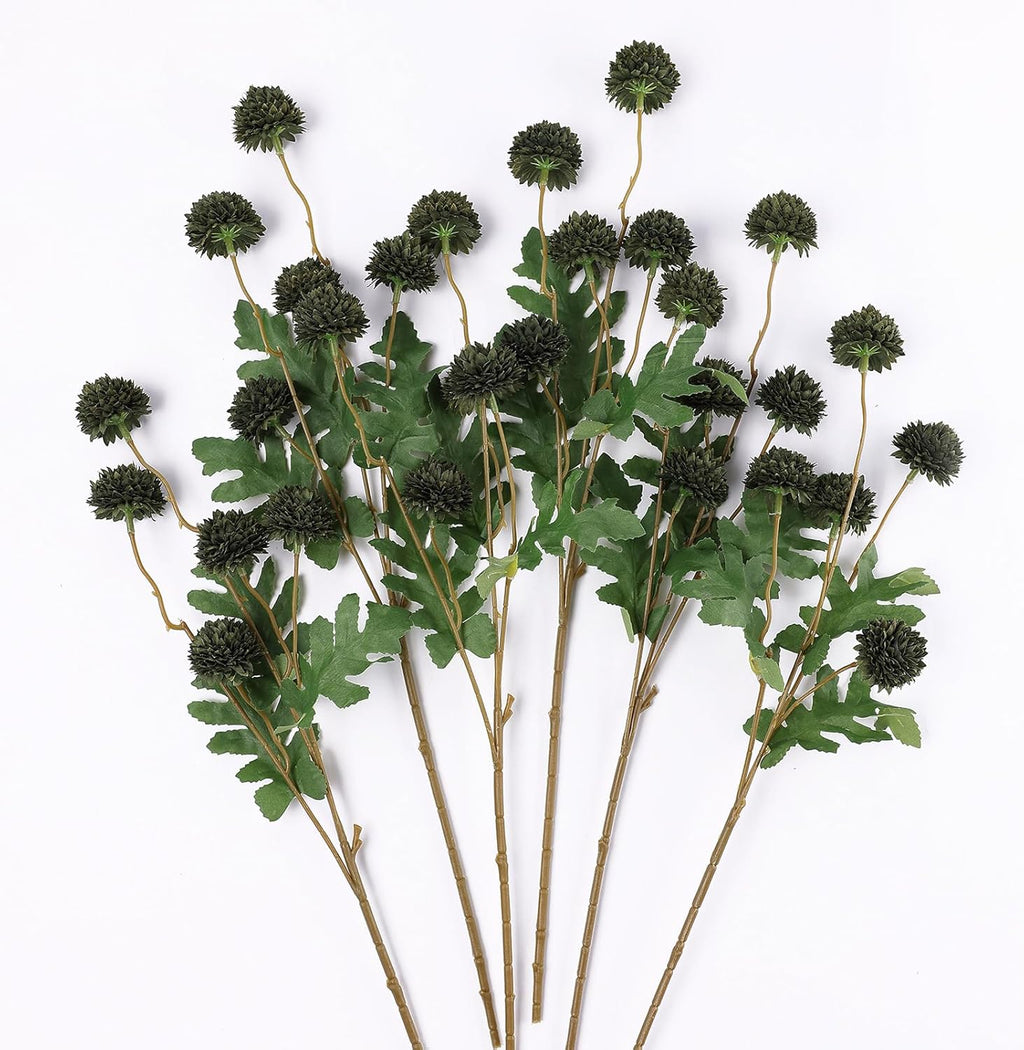 Mizii 6Pcs Green Fake Silk Pompon Mum Artificial Flowers Bulk Small Faux Chrysanthemums with Stems Realistic Floral Decorations for Wedding DIY Bouquet Centerpieces Shower Vase Home Decor (Dark Green)
