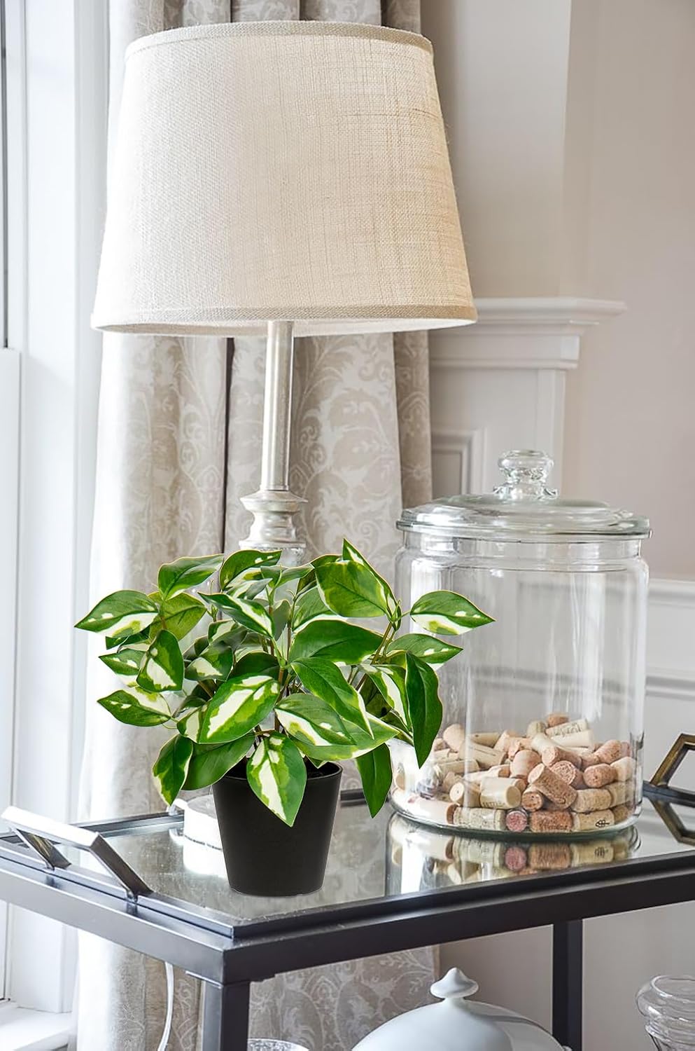 Oairse Artificial Plants Indoor Small Fake Plants in Pots Faux Pothos N‘ Joy Potted Plant Fake Indoor Plants with Black Pots for Bathroom Living Room Office Desk Shelves